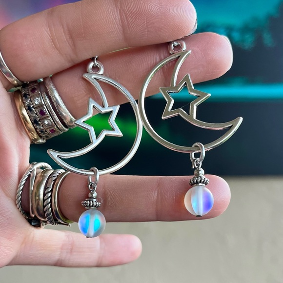 Set ! Moon star & iridescent opalite beads necklace + matching earrings boho - Picture 2 of 13